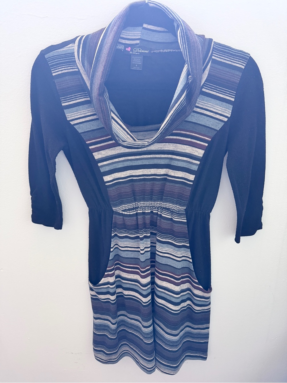 Striped Cowl Neck Knit Dress with Side Pockets - Black and Multi